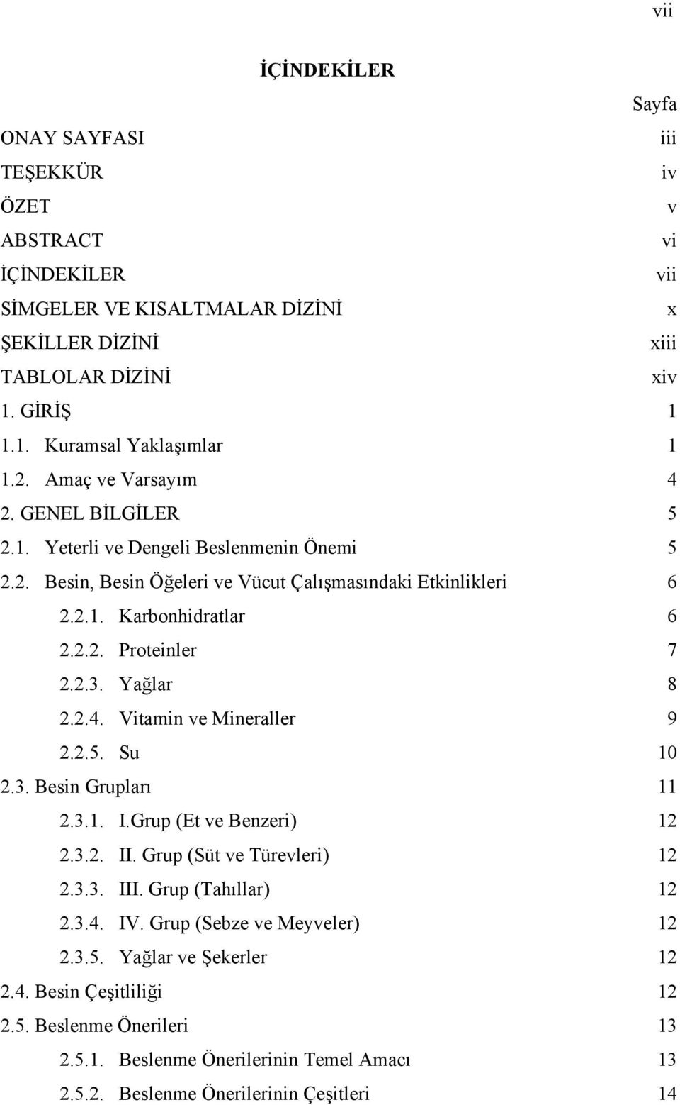 Vitamin ve Mineraller 2.2.5. Su 2.3. Besin Grupları 2.3.1. I.Grup (Et ve Benzeri) 2.3.2. II. Grup (Süt ve Türevleri) 2.3.3. III. Grup (Tahıllar) 2.3.4. IV. Grup (Sebze ve Meyveler) 2.3.5. Yağlar ve Şekerler 2.