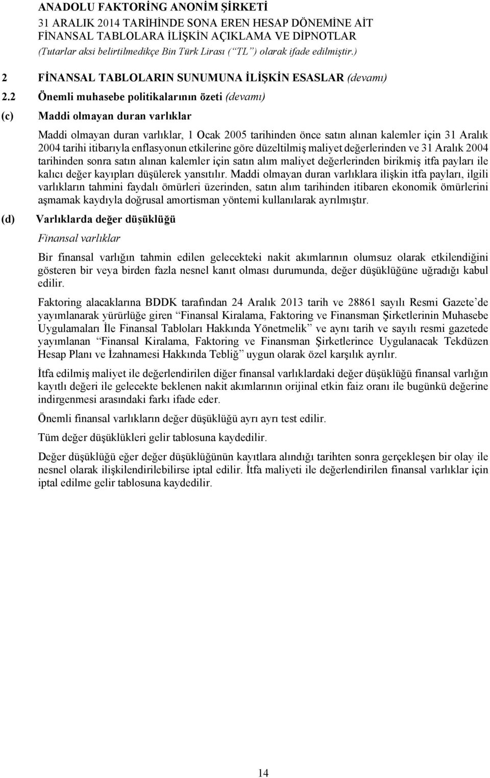 itibarıyla enflasyonun etkilerine göre düzeltilmiş maliyet değerlerinden ve 31 Aralık 2004 tarihinden sonra satın alınan kalemler için satın alım maliyet değerlerinden birikmiş itfa payları ile