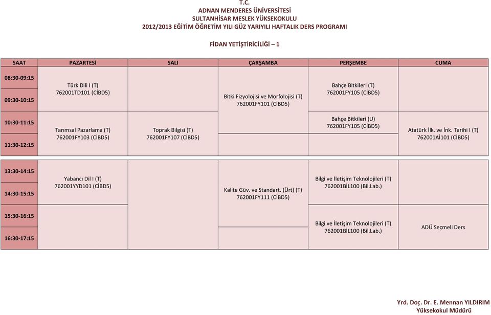 (CİBD5) Atatürk İlk. ve İnk. Tarihi I (T) 762001Aİ101 (CİBD5) Yabancı Dil I (T) 762001YYD101 (CİBD5) Kalite Güv. ve Standart.