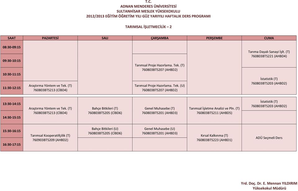 (T) 760803BTS213 (CİBD4) Bahçe Bitkileri (T) 760803BTS205 (CİBD6) Genel Muhasebe (T) 760803BTS201 (AHBD3) Tarımsal İşletme Analizi ve Pln.