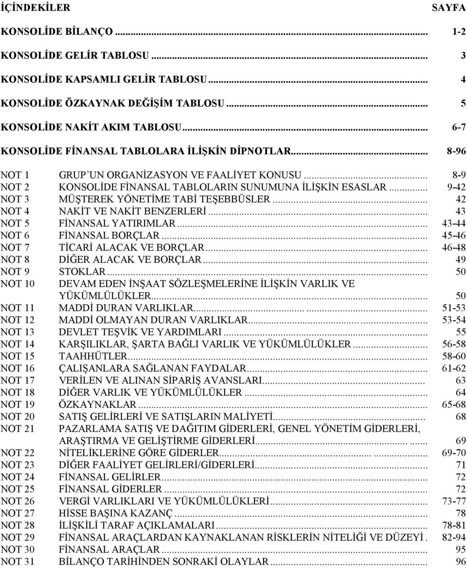 .. 42 NOT 4 NAKĐT VE NAKĐT BENZERLERĐ... 43 NOT 5 FĐNANSAL YATIRIMLAR... 43-44 NOT 6 FĐNANSAL BORÇLAR... 45-46 NOT 7 TĐCARĐ ALACAK VE BORÇLAR... 46-48 NOT 8 DĐĞER ALACAK VE BORÇLAR... 49 NOT 9 STOKLAR.