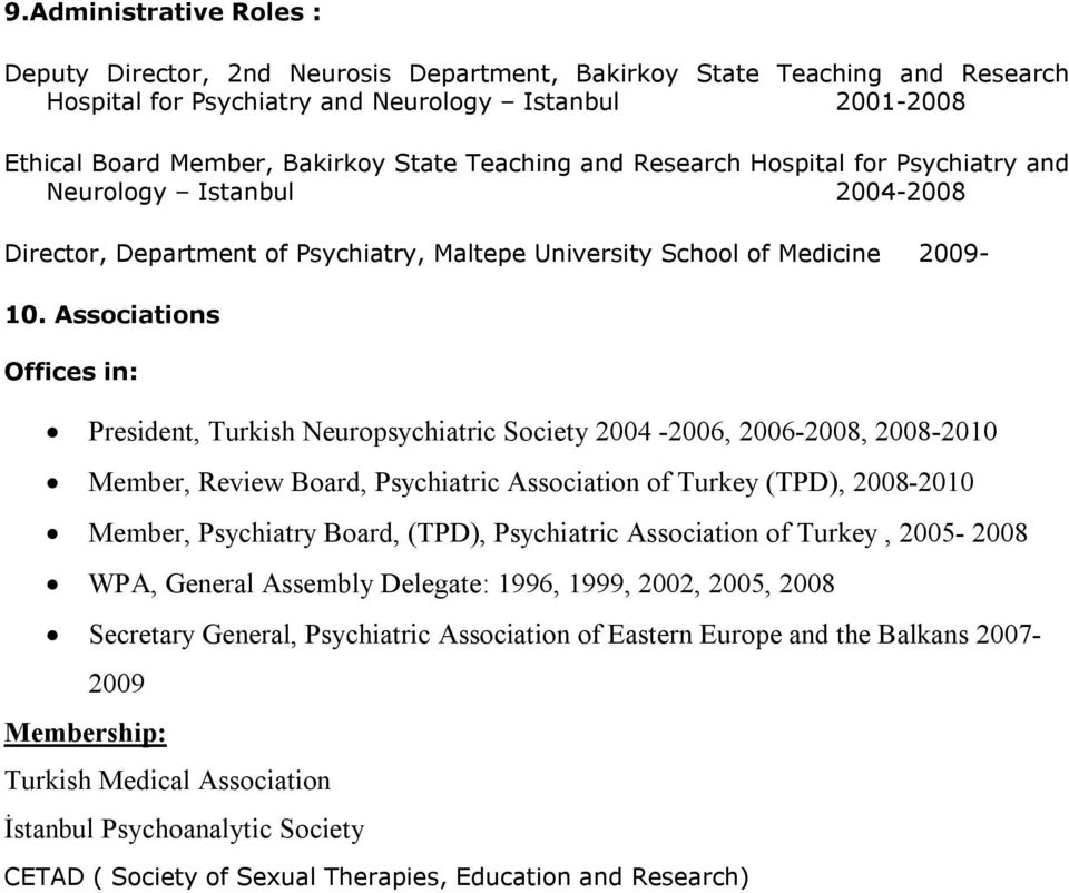 Associations Offices in: President, Turkish Neuropsychiatric Society 2004-2006, 2006-2008, 2008-2010 Member, Review Board, Psychiatric Association of Turkey (TPD), 2008-2010 Member, Psychiatry Board,