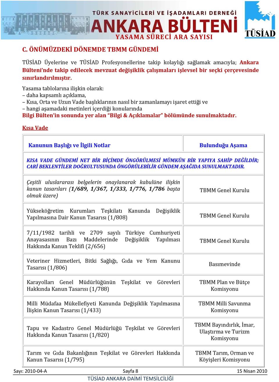 Yasama tablolarına ilişkin olarak: daha kapsamlı açıklama, Kısa, Orta ve Uzun Vade başlıklarının nasıl bir zamanlamayı işaret ettiği ve hangi aşamadaki metinleri içerdiği konularında Bilgi Bülten in