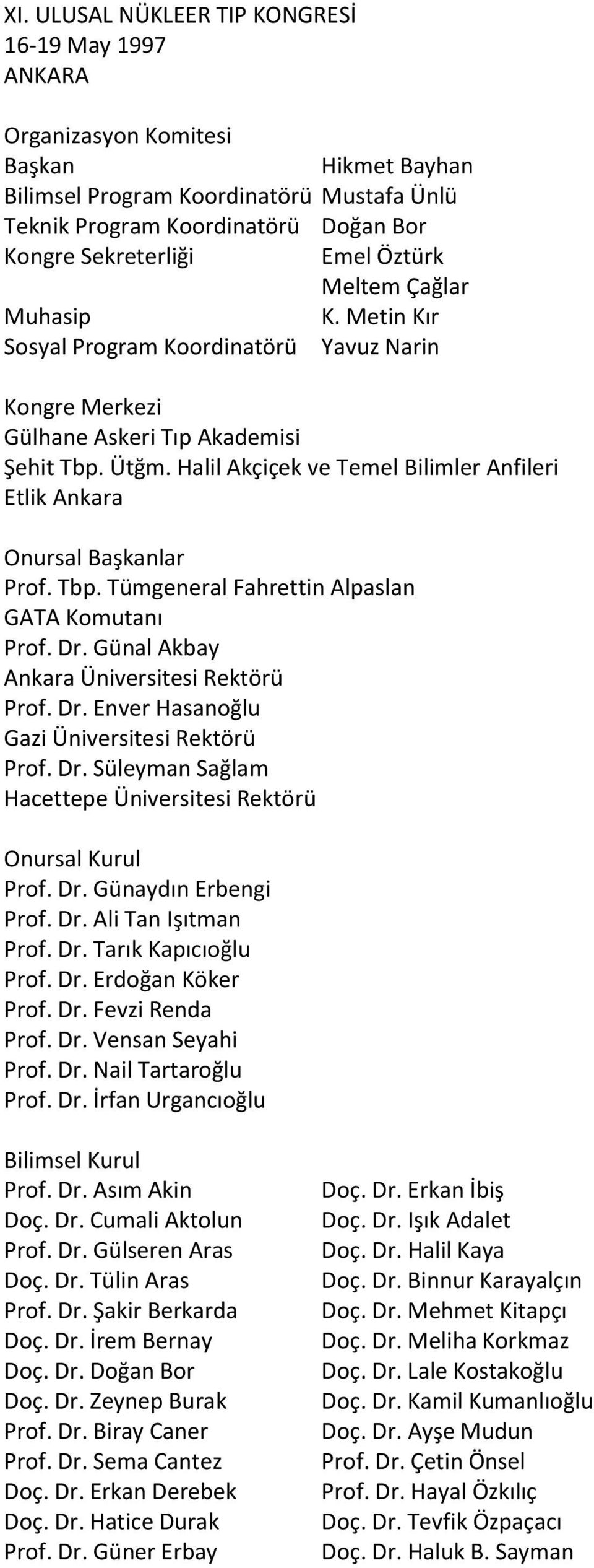 Halil Akçiçek ve Temel Bilimler Anfileri Etlik Ankara Onursal Başkanlar Prof. Tbp. Tümgeneral Fahrettin Alpaslan GATA Komutanı Prof. Dr. Günal Akbay Ankara Üniversitesi Rektörü Prof. Dr. Enver Hasanoğlu Gazi Üniversitesi Rektörü Prof.