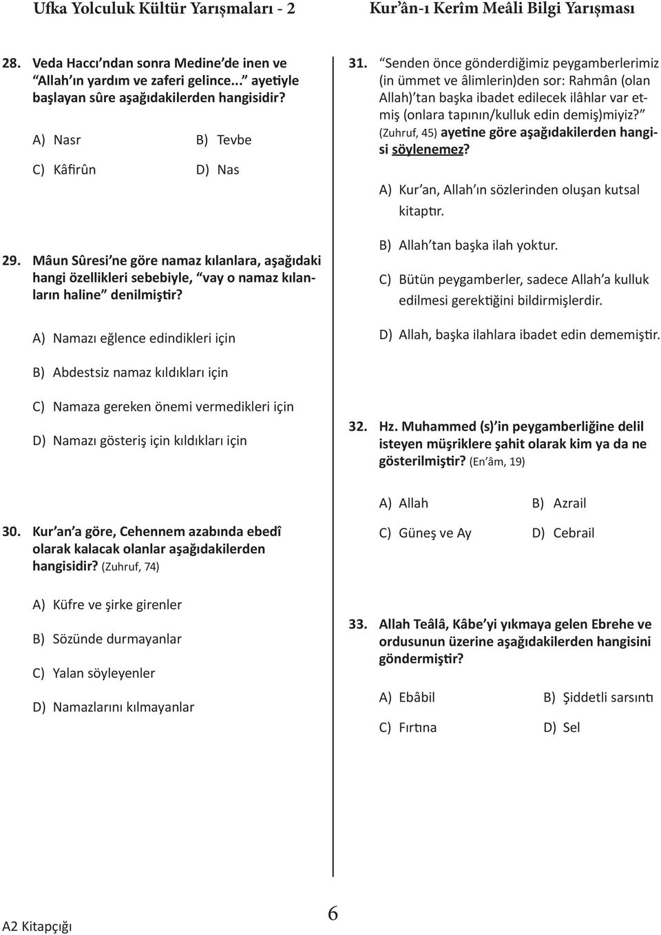 (Zuhruf, 45) ayetine göre aşağıdakilerden hangisi söylenemez? Kâfirûn Nas Kur an, llah ın sözlerinden oluşan kutsal kitaptır. 29.