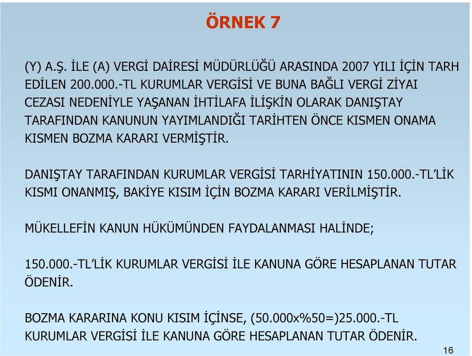 KISMEN BOZMA KARARI VERMİŞTİR. DANIŞTAY TARAFINDAN KURUMLAR VERGİSİ TARHİYATININ 150.000.-TL LİK KISMI ONANMIŞ, BAKİYE KISIM İÇİN BOZMA KARARI VERİLMİŞTİR.