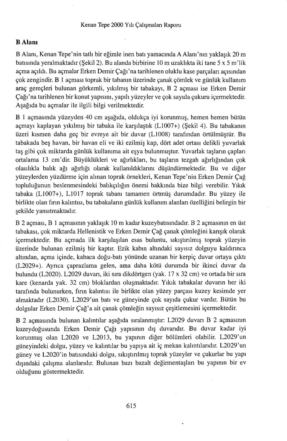 B 1 agmasi toprak bir tabanin uzerinde ganak gomlek ve giinliik kullanim arag geregleri bulunan gorkemli, yikilmi bir tabakayi, B 2 agmasi ise Erken Demir agi'na tarihlenen bir konut yapisini, yapih