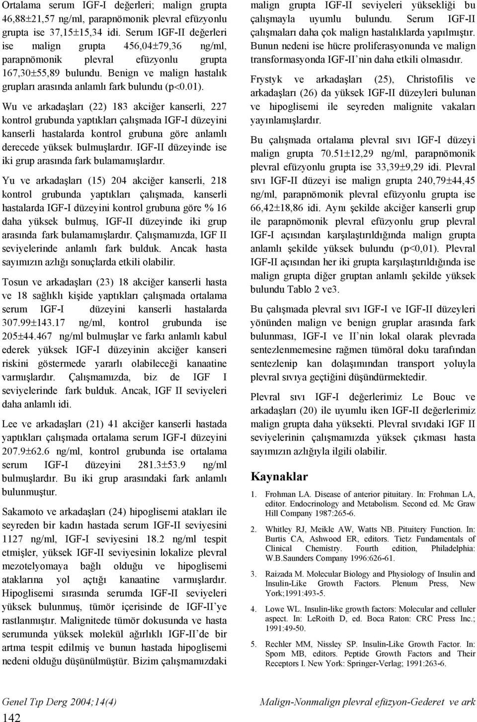 Wu ve arkadaşları (22) 183 akciğer kanserli, 227 kontrol grubunda yaptıkları çalışmada IGF-I düzeyini kanserli hastalarda kontrol grubuna göre anlamlı derecede yüksek bulmuşlardır.