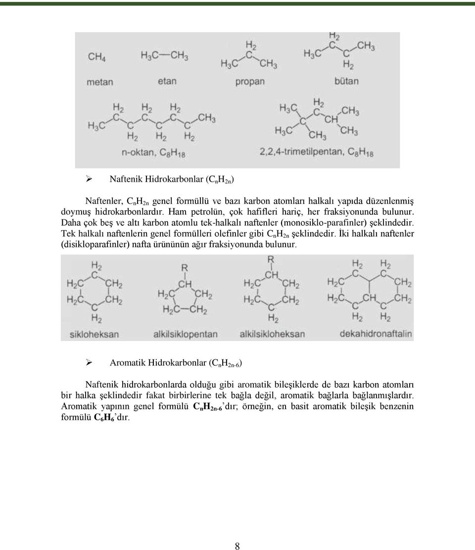 Tek halkalı naftenlerin genel formülleri olefinler gibi C n H 2n şeklindedir. İki halkalı naftenler (disikloparafinler) nafta ürününün ağır fraksiyonunda bulunur.