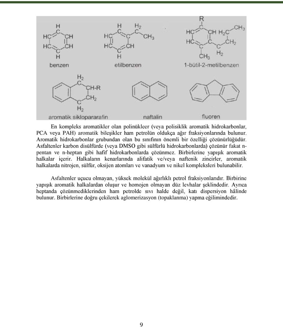 Asfaltenler karbon disülfürde (veya DMSO gibi sülfürlü hidrokarbonlarda) çözünür fakat n- pentan ve n-heptan gibi hafif hidrokarbonlarda çözünmez. Birbirlerine yapışık aromatik halkalar içerir.