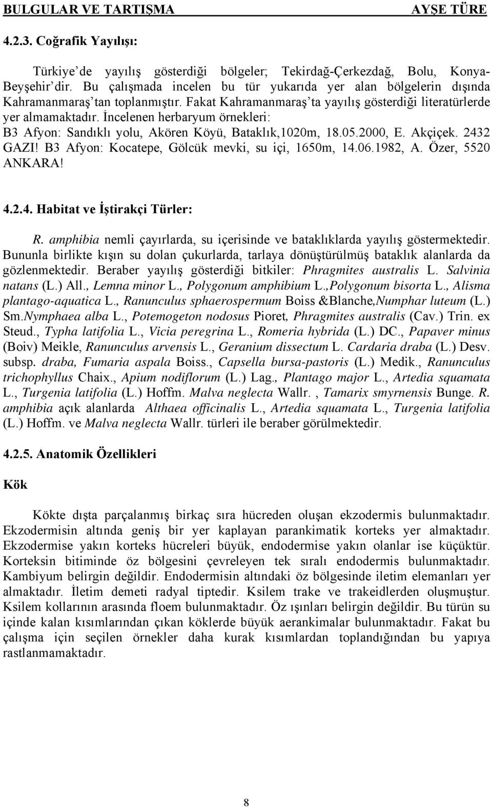 İncelenen herbaryum örnekleri: B3 Afyon: Sandıklı yolu, Akören Köyü, Bataklık,1020m, 18.05.2000, E. Akçiçek. 2432 GAZI! B3 Afyon: Kocatepe, Gölcük mevki, su içi, 1650m, 14.06.1982, A.