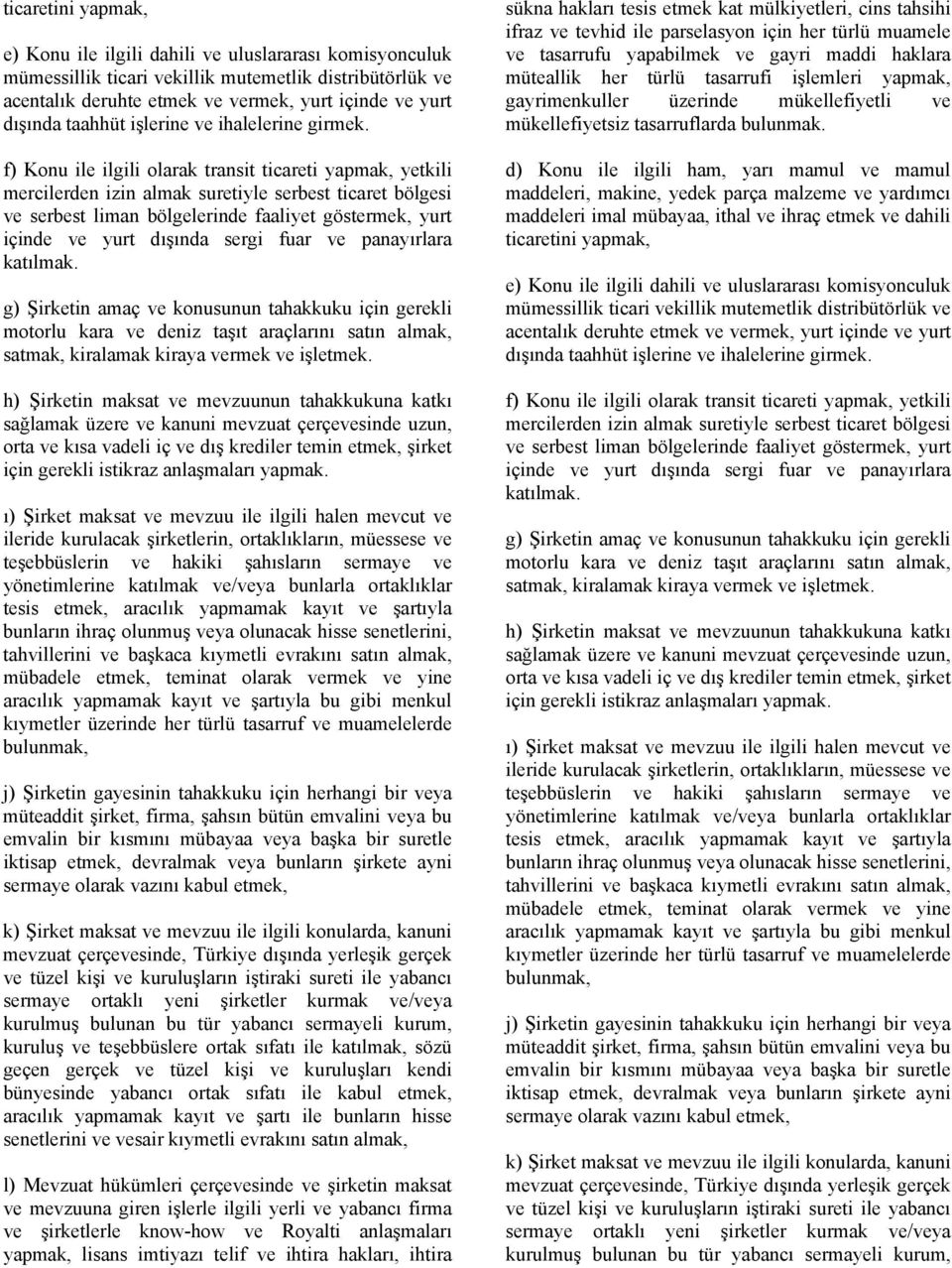 f) Konu ile ilgili olarak transit ticareti yapmak, yetkili mercilerden izin almak suretiyle serbest ticaret bölgesi ve serbest liman bölgelerinde faaliyet göstermek, yurt içinde ve yurt dışında sergi