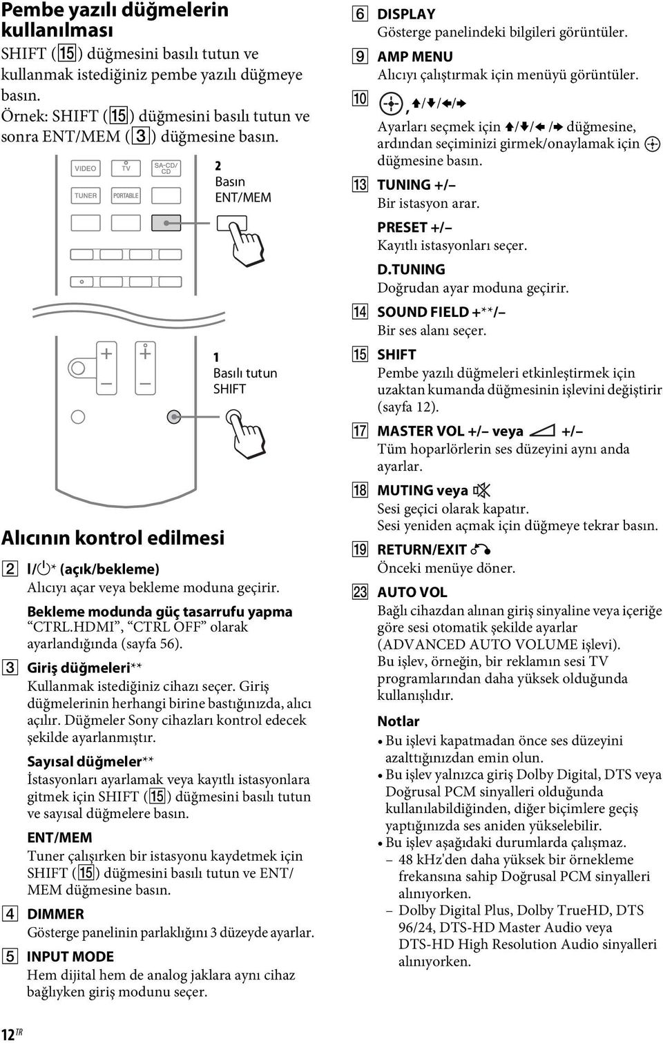 HDMI, CTRL OFF olarak ayarlandığında (sayfa 56). C Giriş düğmeleri** Kullanmak istediğiniz cihazı seçer. Giriş düğmelerinin herhangi birine bastığınızda, alıcı açılır.