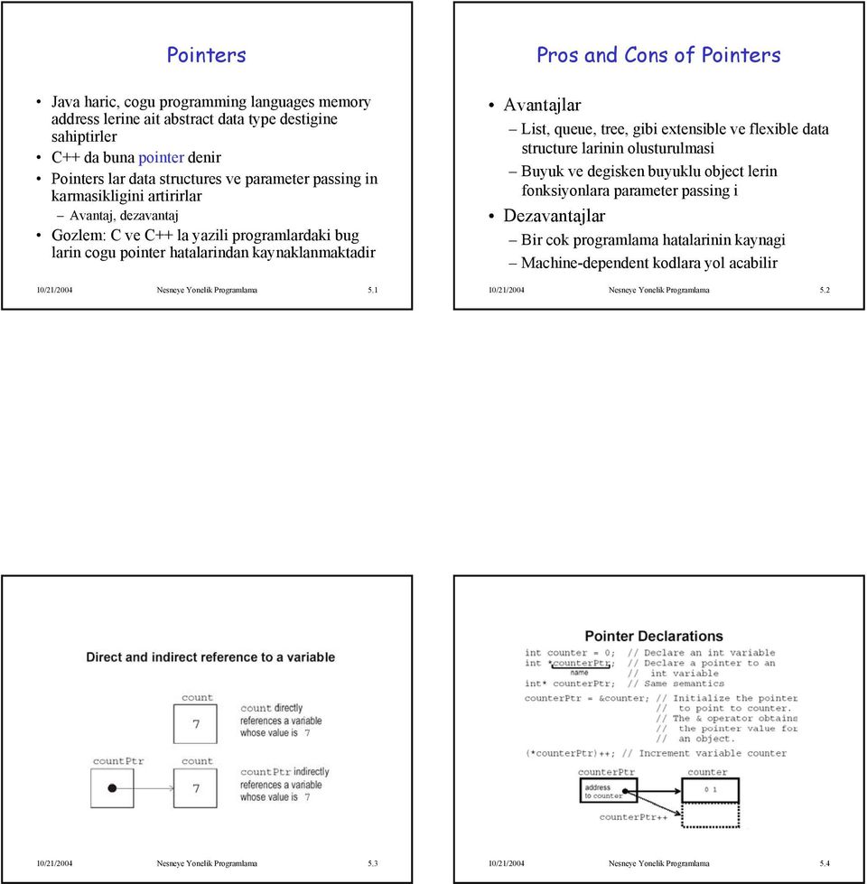 1 Pros and Cons of Pointers Avantajlar List, queue, tree, gibi extensible ve flexible data structure larinin olusturulmasi Buyuk ve degisken buyuklu object lerin fonksiyonlara parameter passing i