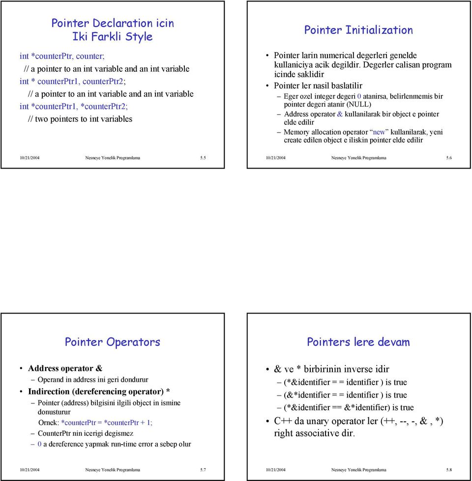 Degerler calisan program icinde saklidir Pointer ler nasil baslatilir Eger ozel integer degeri 0 atanirsa, belirlenmemis bir pointer degeri atanir (NULL) Address operator & kullanilarak bir object e