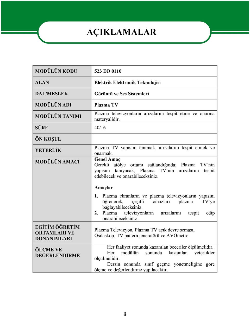 ÖN KOŞUL YETERLİK MODÜLÜN AMACI EĞİTİM ÖĞRETİM ORTAMLARI VE DONANIMLARI ÖLÇME VE DEĞERLENDİRME Plazma TV yapısını tanımak, arızalarını tespit etmek ve onarmak.