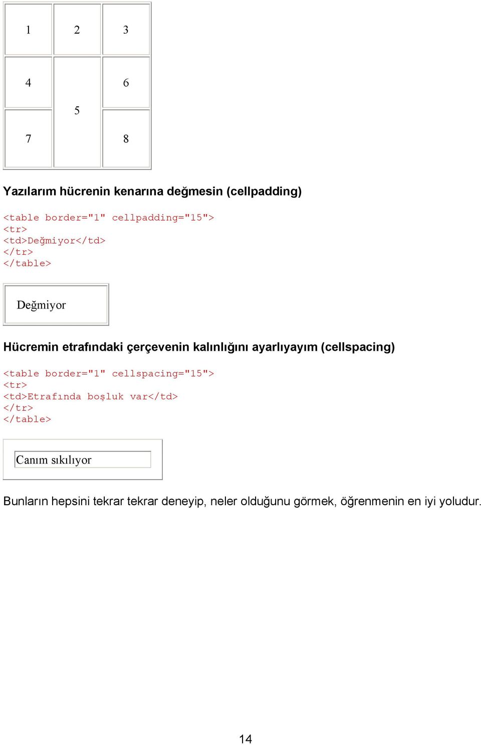 ayarlıyayım (cellspacing) <table border="1" cellspacing="15"> <td>etrafında boşluk var</td>