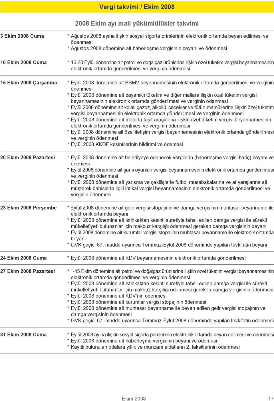 gönderilmesi ve verginin ödenmesi 15 Ekim 2008 Çarflamba * Eylül 2008 dönemine ait BSMV beyannamesinin elektronik ortamda gönderilmesi ve verginin ödenmesi * Eylül 2008 dönemine ait dayan kl tüketim