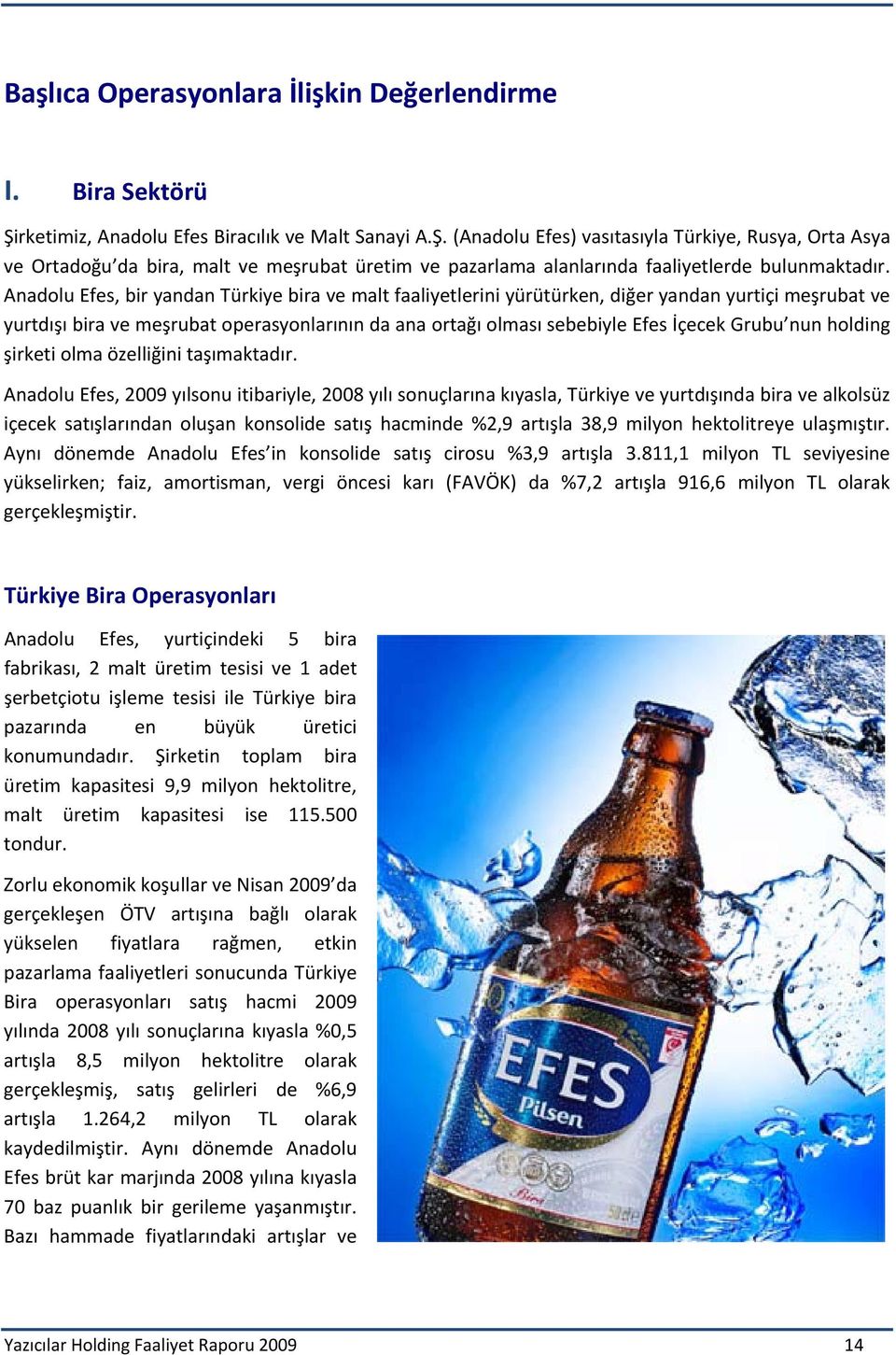(Anadolu Efes) vasıtasıyla Türkiye, Rusya, Orta Asya ve Ortadoğu da bira, malt ve meşrubat üretim ve pazarlama alanlarında faaliyetlerde bulunmaktadır.