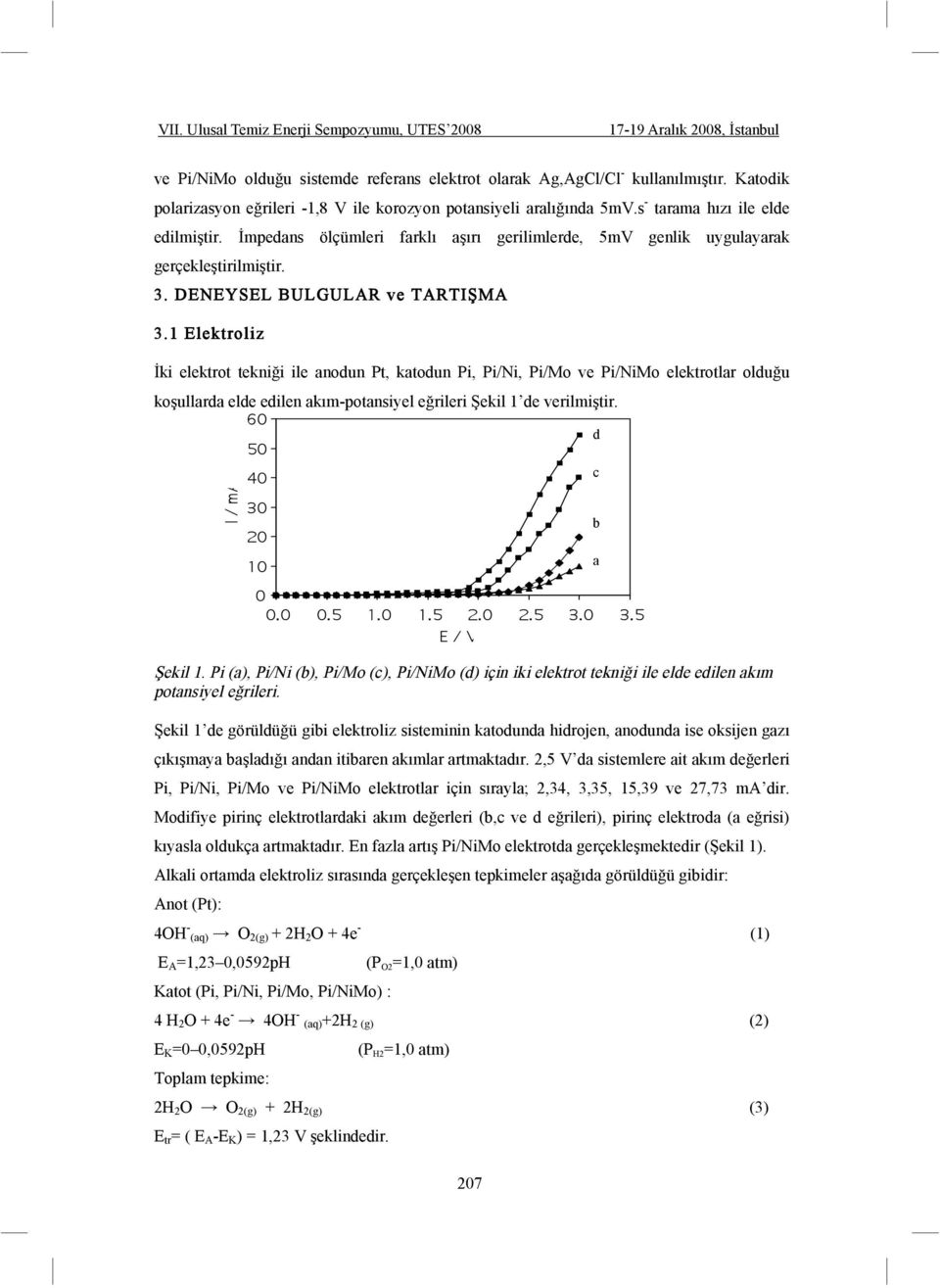 1 Elektroliz ki elektrot tekni i ile anodun Pt, katodun Pi, Pi/Ni, Pi/Mo ve Pi/NiMo elektrotlar oldu u ko ullarda elde edilen akım-potansiyel e rileri ekil 1 de verilmi tir. d c b a ekil 1.