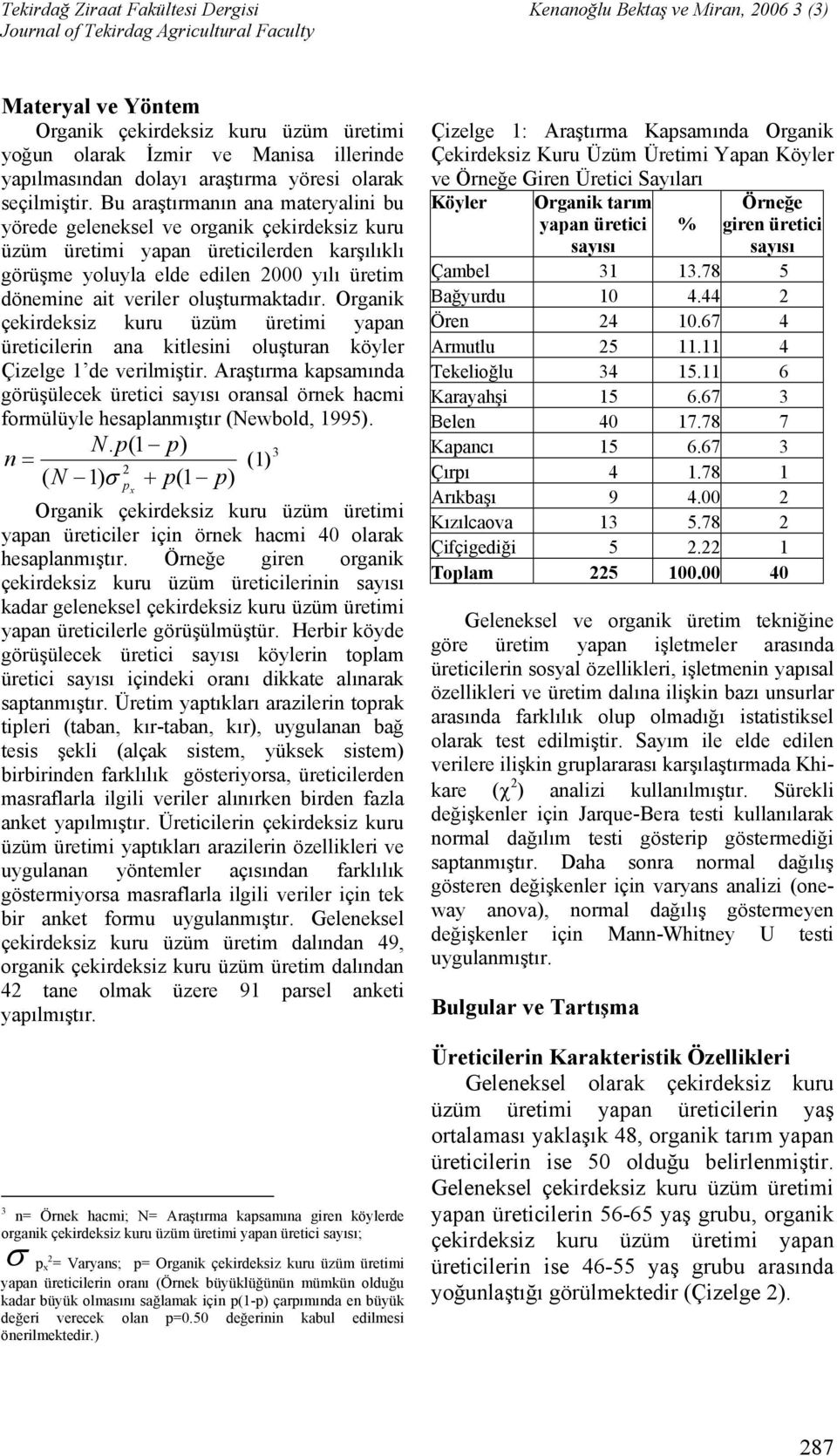 oluşturmaktadır. Organik üreticilerin ana kitlesini oluşturan köyler Çizelge 1 de verilmiştir.