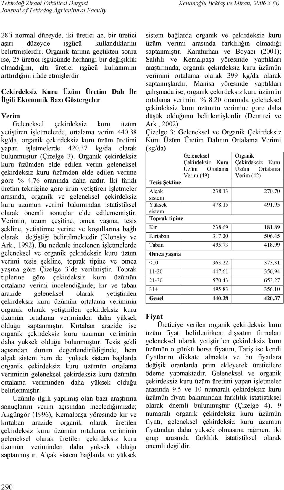 Çekirdeksiz Kuru Üzüm Üretim Dalı İle İlgili Ekonomik Bazı Göstergeler Verim Geleneksel çekirdeksiz kuru üzüm yetiştiren işletmelerde, ortalama verim 440.