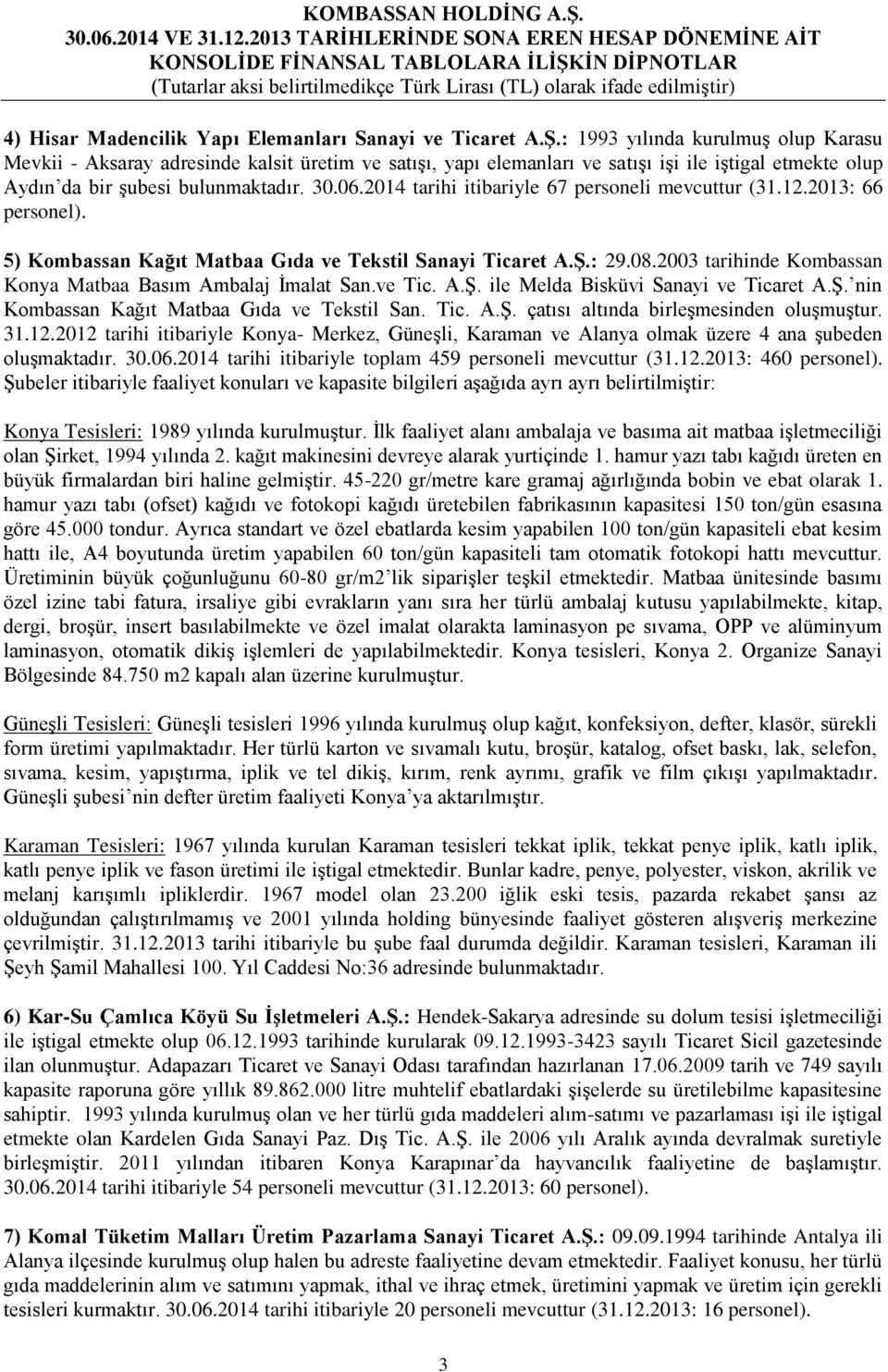 2014 tarihi itibariyle 67 personeli mevcuttur (31.12.2013: 66 personel). 5) Kombassan Kağıt Matbaa Gıda ve Tekstil Sanayi Ticaret A.Ş.: 29.08.