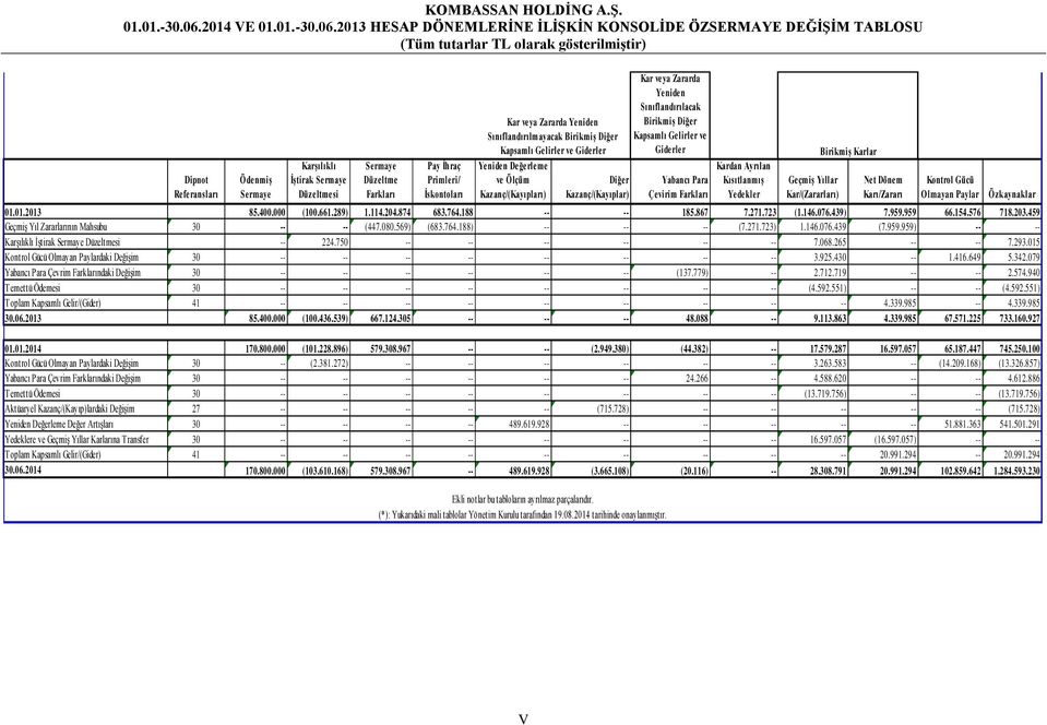 Düzeltme Farkları Pay İhraç Primleri/ İskontoları Kar veya Zararda Yeniden Sınıflandırılmayacak Birikmiş Diğer Kapsamlı Gelirler ve Giderler Yeniden Değerleme ve Ö lçüm Kazanç/(Kayıpları) Diğer