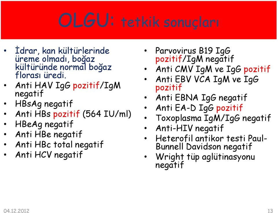 HCV negatif Parvovirus B19 IgG pozitif/igm negatif Anti CMV IgM ve IgG pozitif Anti EBV VCA IgM ve IgG pozitif Anti EBNA IgG negatif