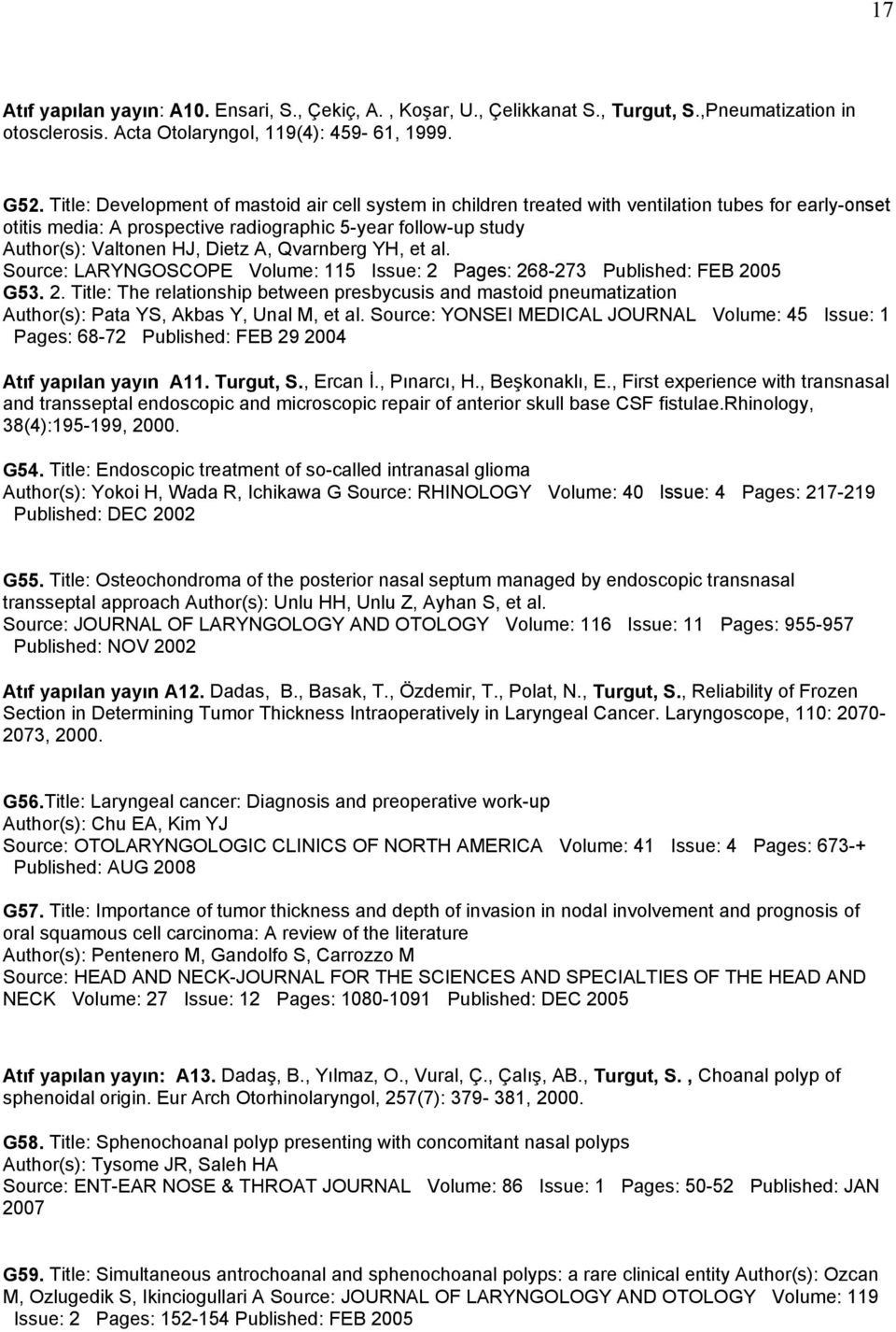 A, Qvarnberg YH, et al. Source: LARYNGOSCOPE Volume: 115 Issue: 2 Pages: 268-273 Published: FEB 2005 G53. 2. Title: The relationship between presbycusis and mastoid pneumatization Author(s): Pata YS, Akbas Y, Unal M, et al.
