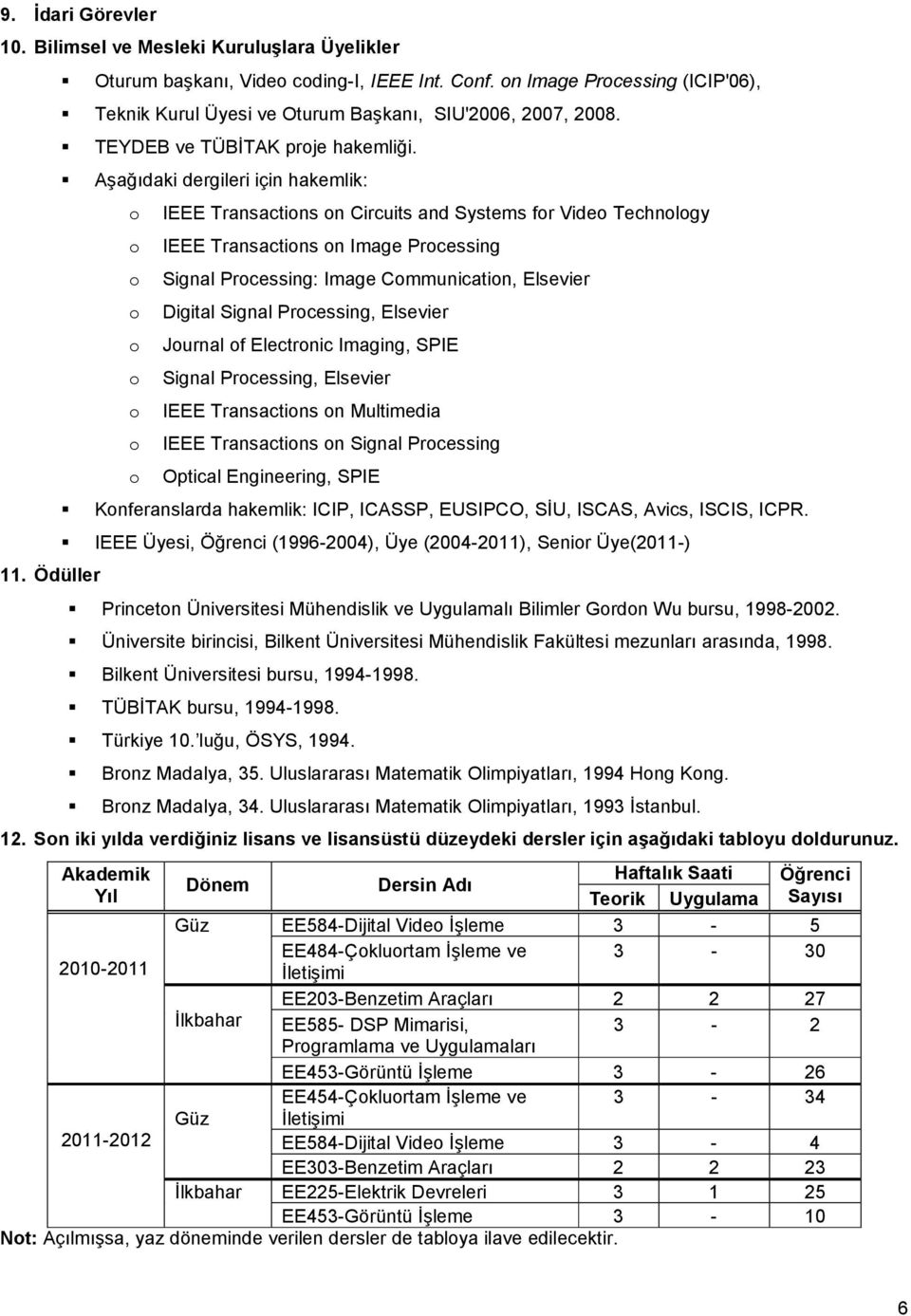 Aşağıdaki dergileri için hakemlik: IEEE Transactins n Circuits and Systems fr Vide Technlgy IEEE Transactins n Image Prcessing Signal Prcessing: Image Cmmunicatin, Elsevier Digital Signal Prcessing,