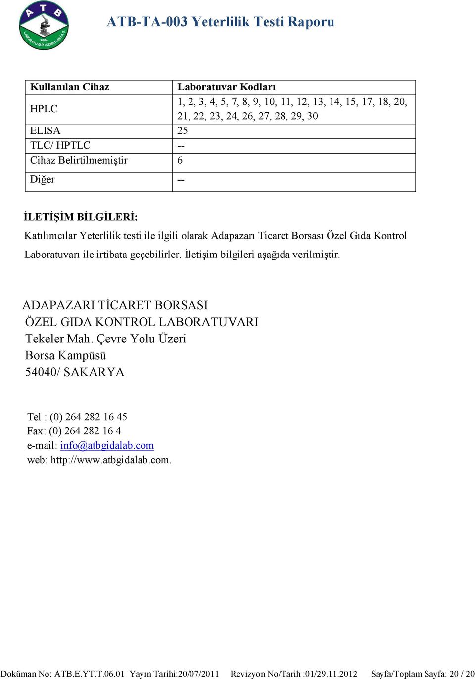 İletişim bilgileri aşağıda verilmiştir. ADAPAZARI TİCARET BORSASI ÖZEL GIDA KONTROL LABORATUVARI Tekeler Mah.