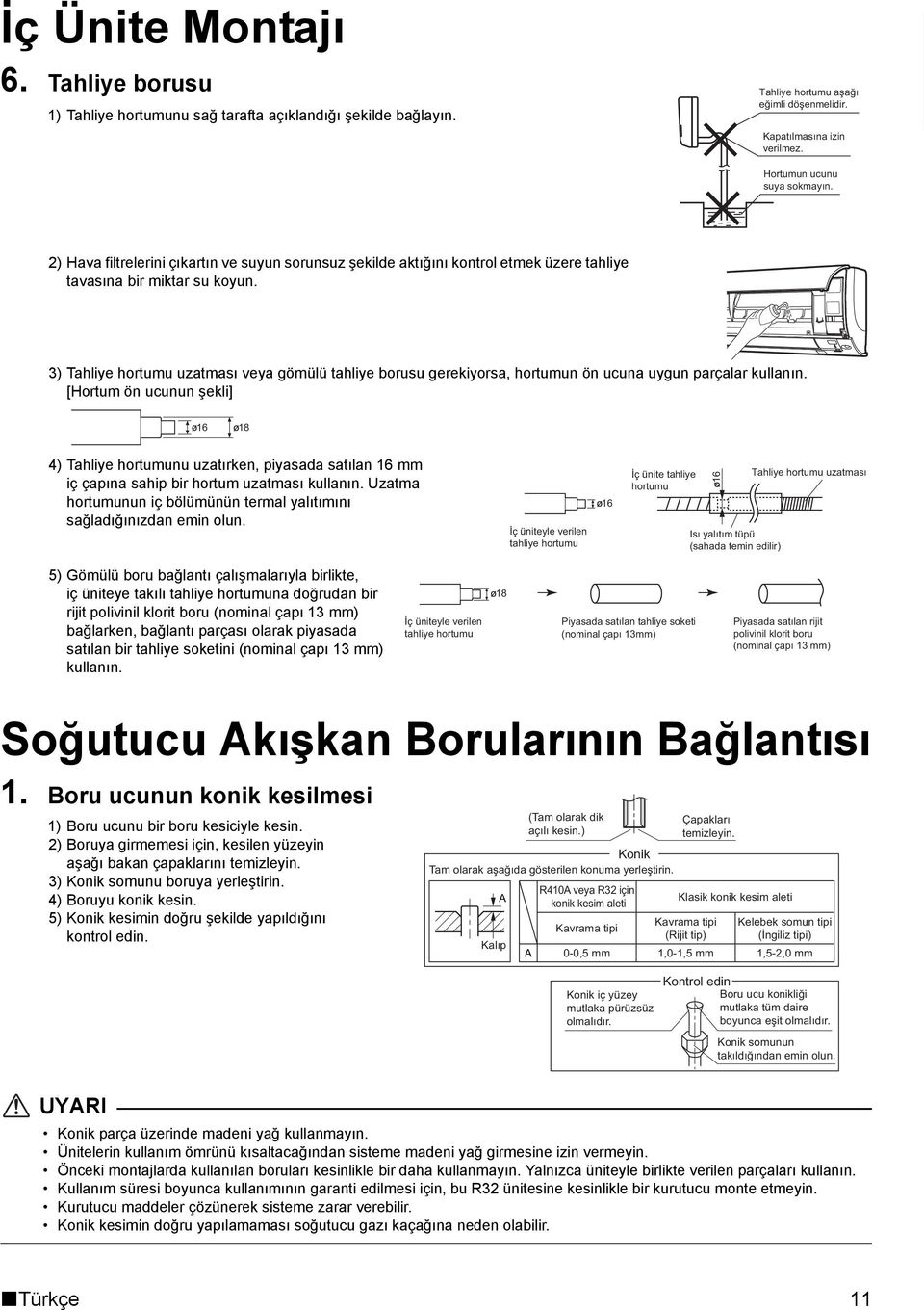 3) Tahliye hortumu uzatması veya gömülü tahliye borusu gerekiyorsa, hortumun ön ucuna uygun parçalar kullanın.