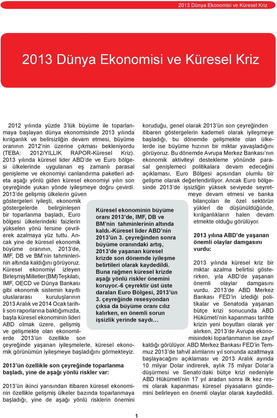 2013 yılında küresel lider ABD de ve Euro bölgesi ülkelerinde uygulanan eş zamanlı parasal genişleme ve ekonomiyi canlandırma paketleri adeta aşağı yönlü giden küresel ekonomiyi yılın son çeyreğinde