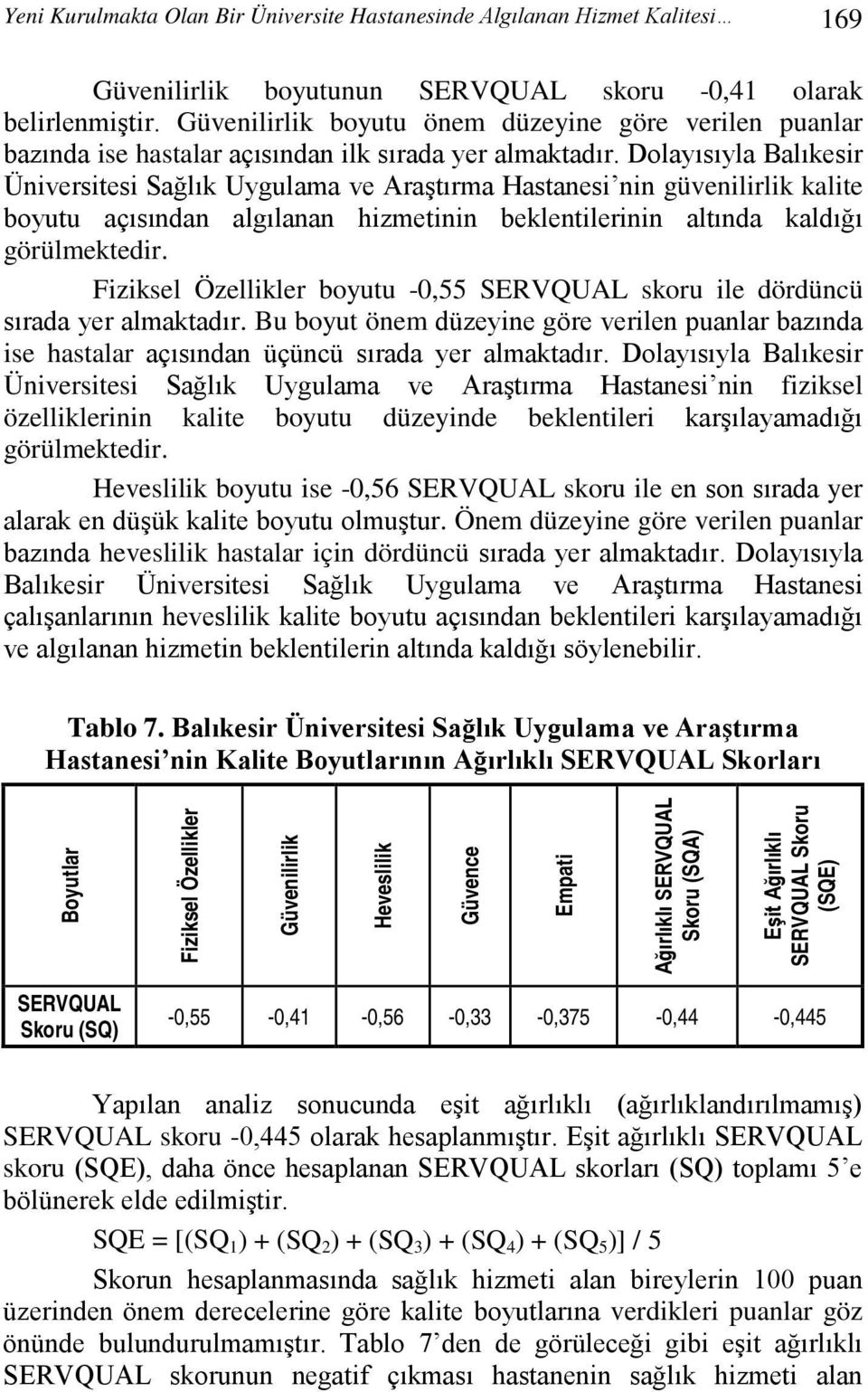 Dolayısıyla Balıkesir Üniversitesi Sağlık Uygulama ve Araştırma Hastanesi nin güvenilirlik kalite boyutu açısından algılanan hizmetinin beklentilerinin altında kaldığı görülmektedir.
