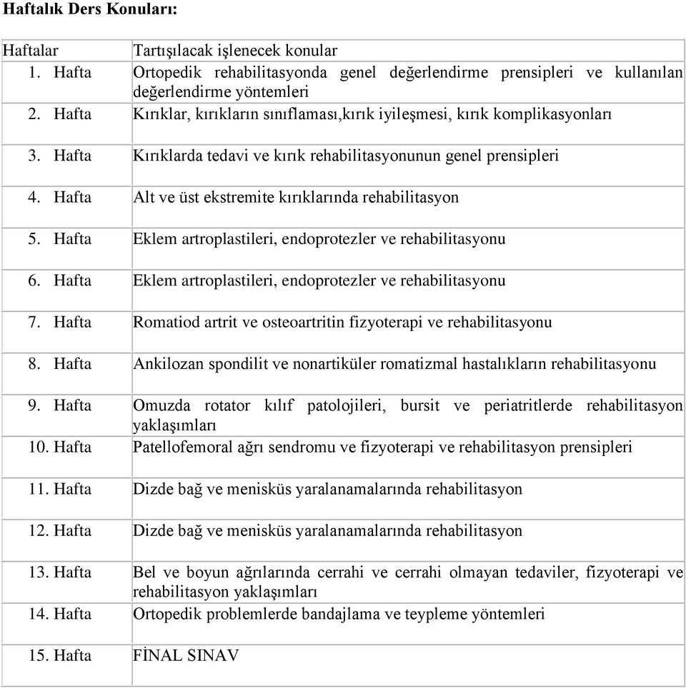 Hafta Alt ve üst ekstremite kırıklarında rehabilitasyon 5. Hafta Eklem artroplastileri, endoprotezler ve rehabilitasyonu 6. Hafta Eklem artroplastileri, endoprotezler ve rehabilitasyonu 7.