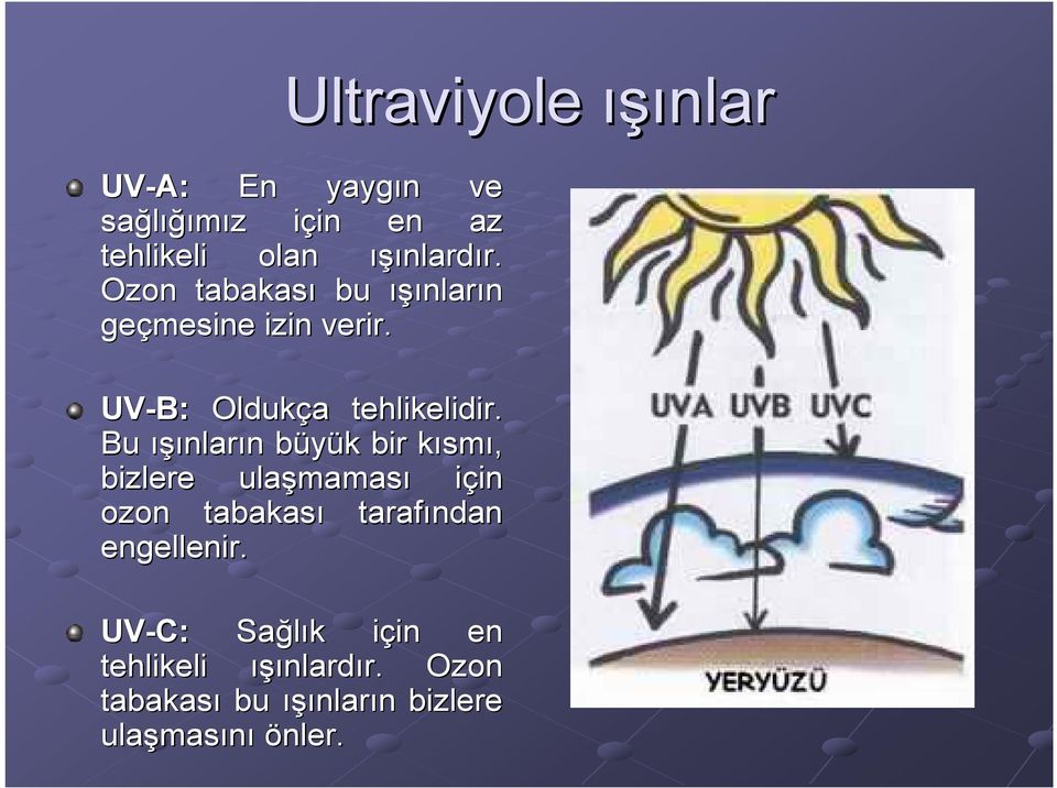 Bu ışınlar nların n büyük b k bir kısmk smı, bizlere ulaşmamas maması için in ozon tabakası tarafından