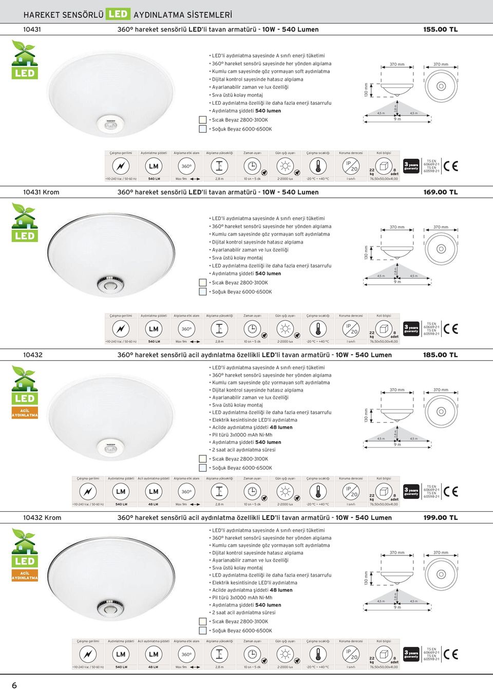 370 mm 130 mm aydınlatma özelli i ile daa fazla enerji tasarrufu Ayd nlatma fliddeti 540 lumen S cak Beyaz 003100K So uk Beyaz 60006500K Ayd nlatma fliddeti 606691 60591 ~11040 Vac / 5060 Hz 540 00