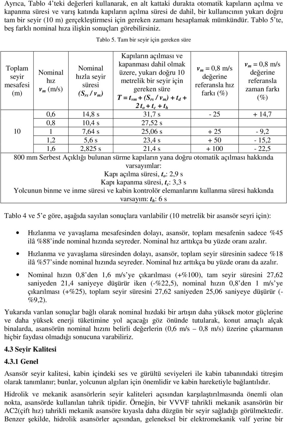 Toplam seyir mesafesi (m) 10 Nominal hız v m (m/s) Nominal hızla seyir süresi (S rs / v m ) Tablo 5.