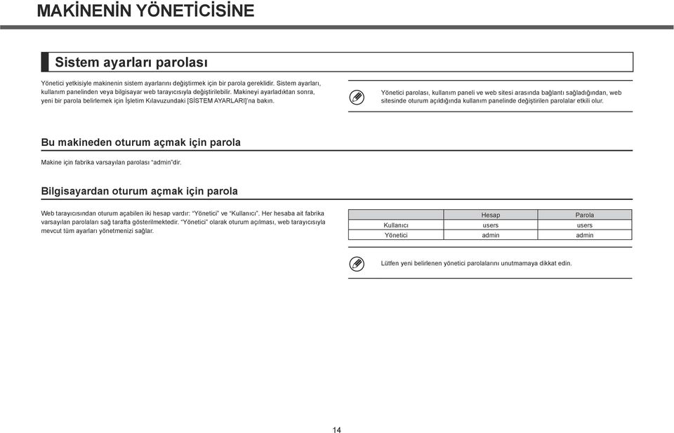 Yönetici parolası, kullanım paneli ve web sitesi arasında bağlantı sağladığından, web sitesinde oturum açıldığında kullanım panelinde değiştirilen parolalar etkili olur.