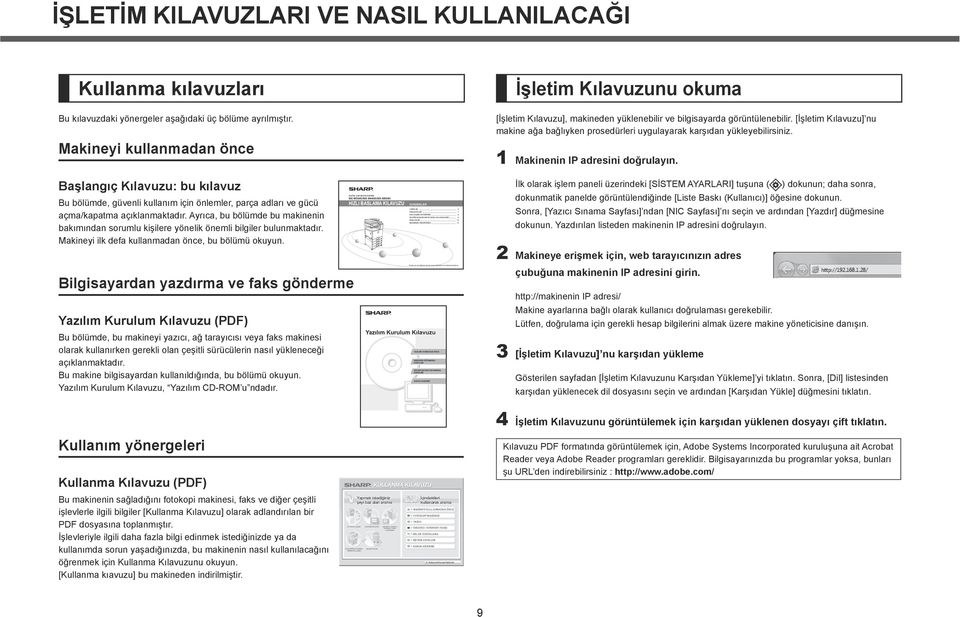 İŞLETİM KILAVUZLARI VE NASIL KULLANILACAĞI Kullanma kılavuzları Bu kılavuzdaki yönergeler aşağıdaki üç bölüme ayrılmıştır.