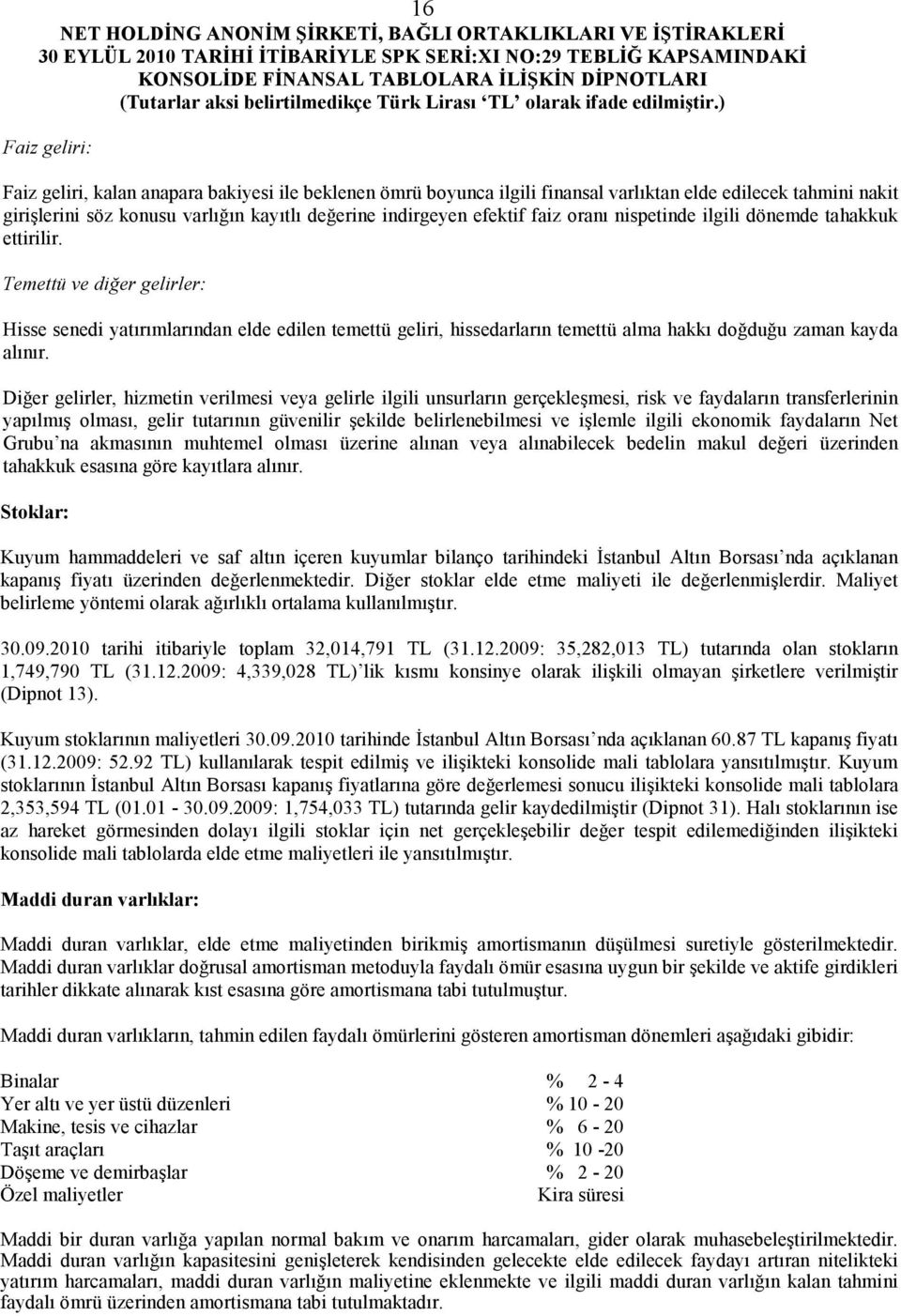 Temettü ve diğer gelirler: Hisse senedi yatırımlarından elde edilen temettü geliri, hissedarların temettü alma hakkı doğduğu zaman kayda alınır.