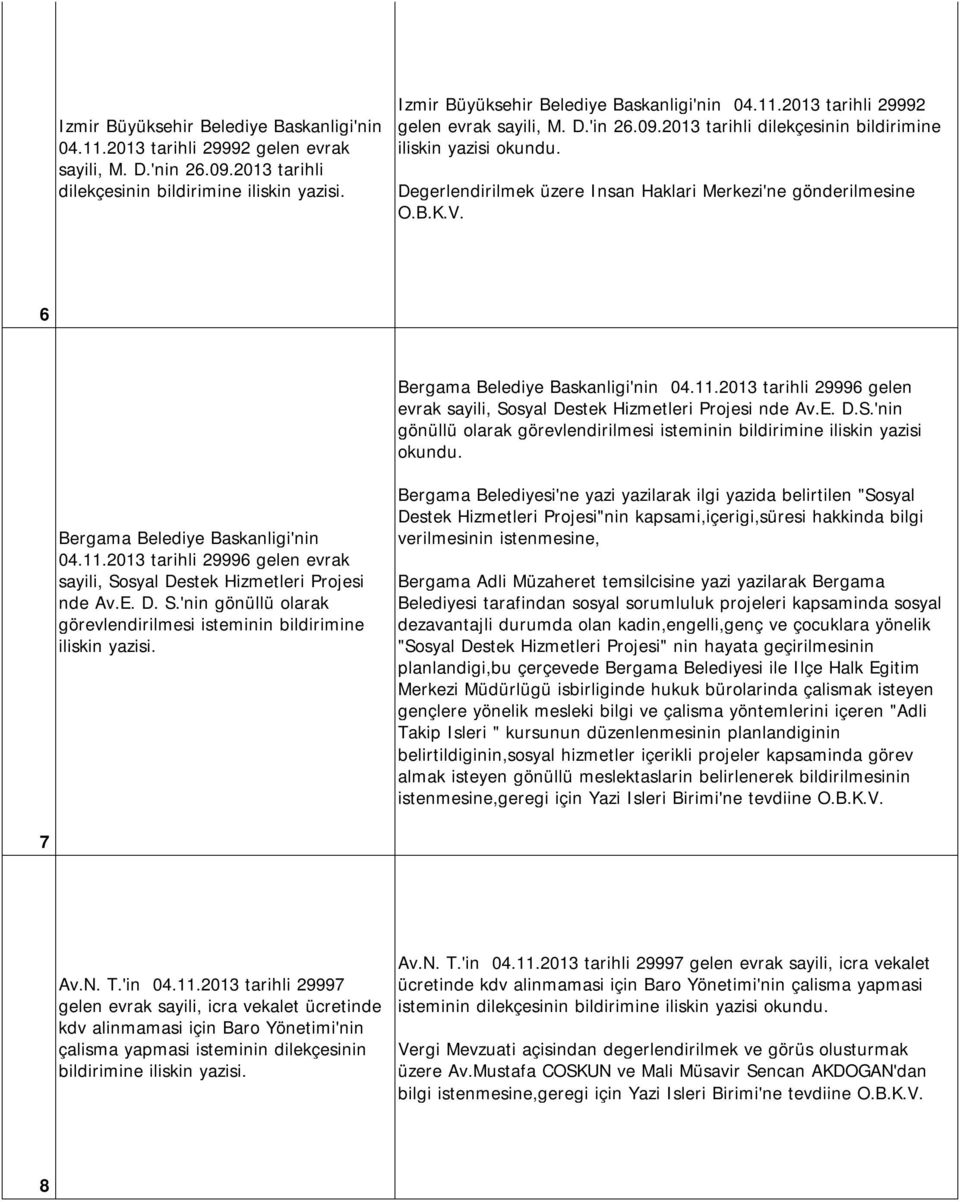 2013 tarihli 29996 gelen evrak sayili, Sosyal Destek Hizmetleri Projesi nde Av.E. D.S.'nin gönüllü olarak görevlendirilmesi isteminin bildirimine iliskin yazisi okundu.