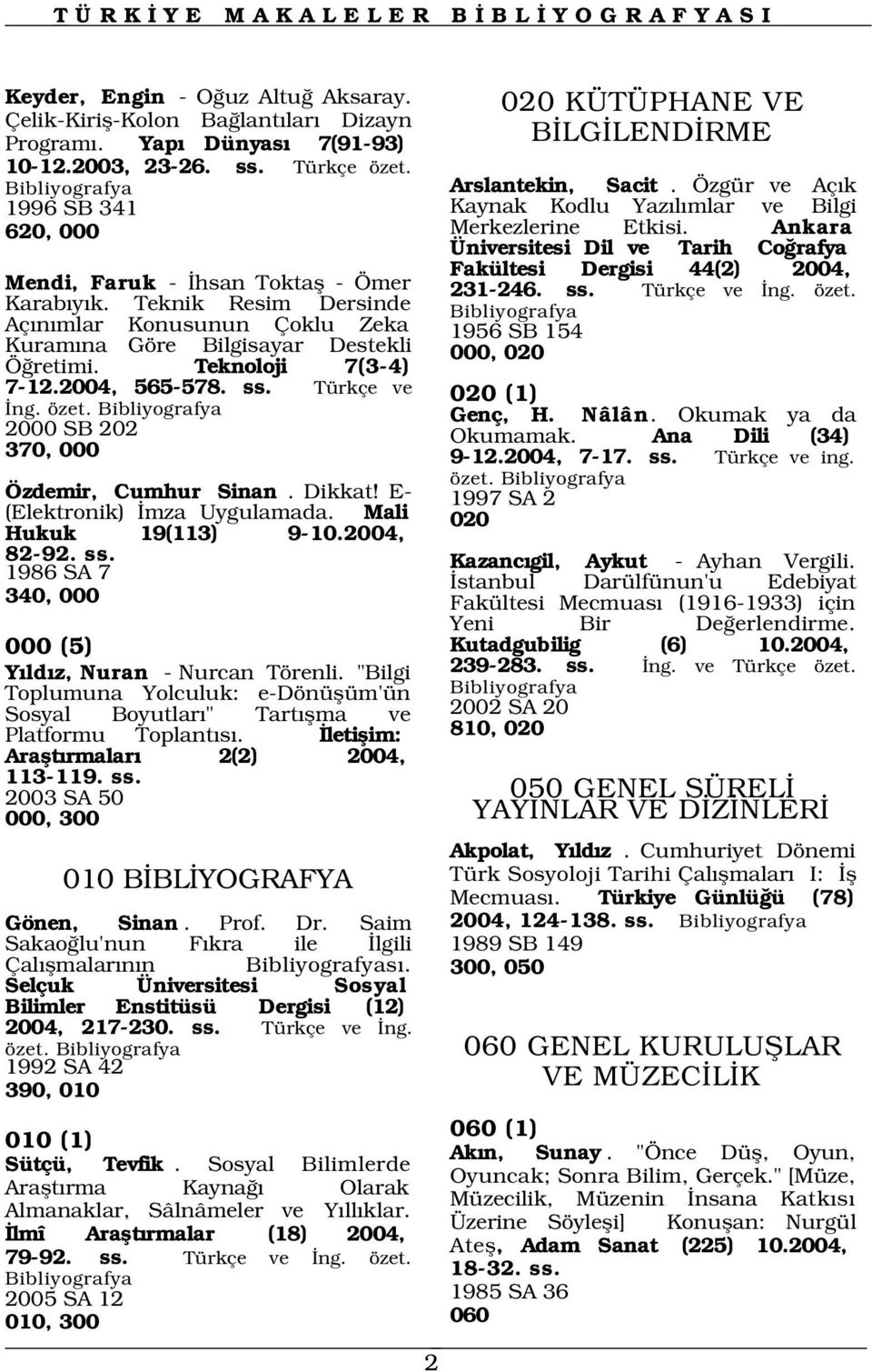 ss. Türkçe ve ng. özet. 2000 SB 202 370, 000 Özdemir, Cumhur Sinan. Dikkat! E- (Elektronik) mza Uygulamada. Mali Hukuk 19(113) 9-10.2004, 82-92. ss.