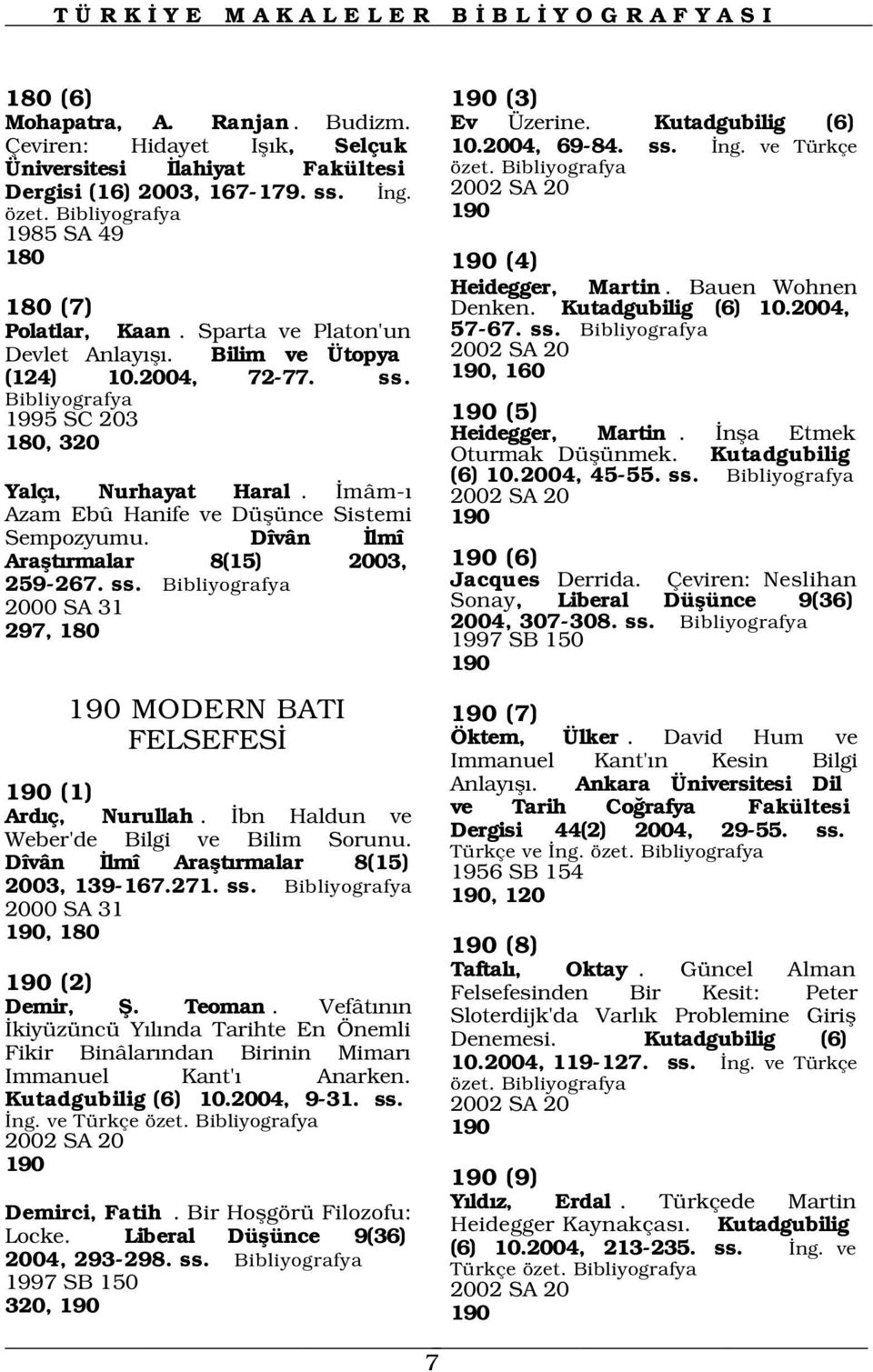 mâm- Azam Ebû Hanife ve Düflünce Sistemi Sempozyumu. Dîvân lmî Araflt rmalar 8(15) 2003, 259-267. ss. 2000 SA 31 297, 180 190 MODERN BATI FELSEFES 190 (1) Ard ç, Nurullah.