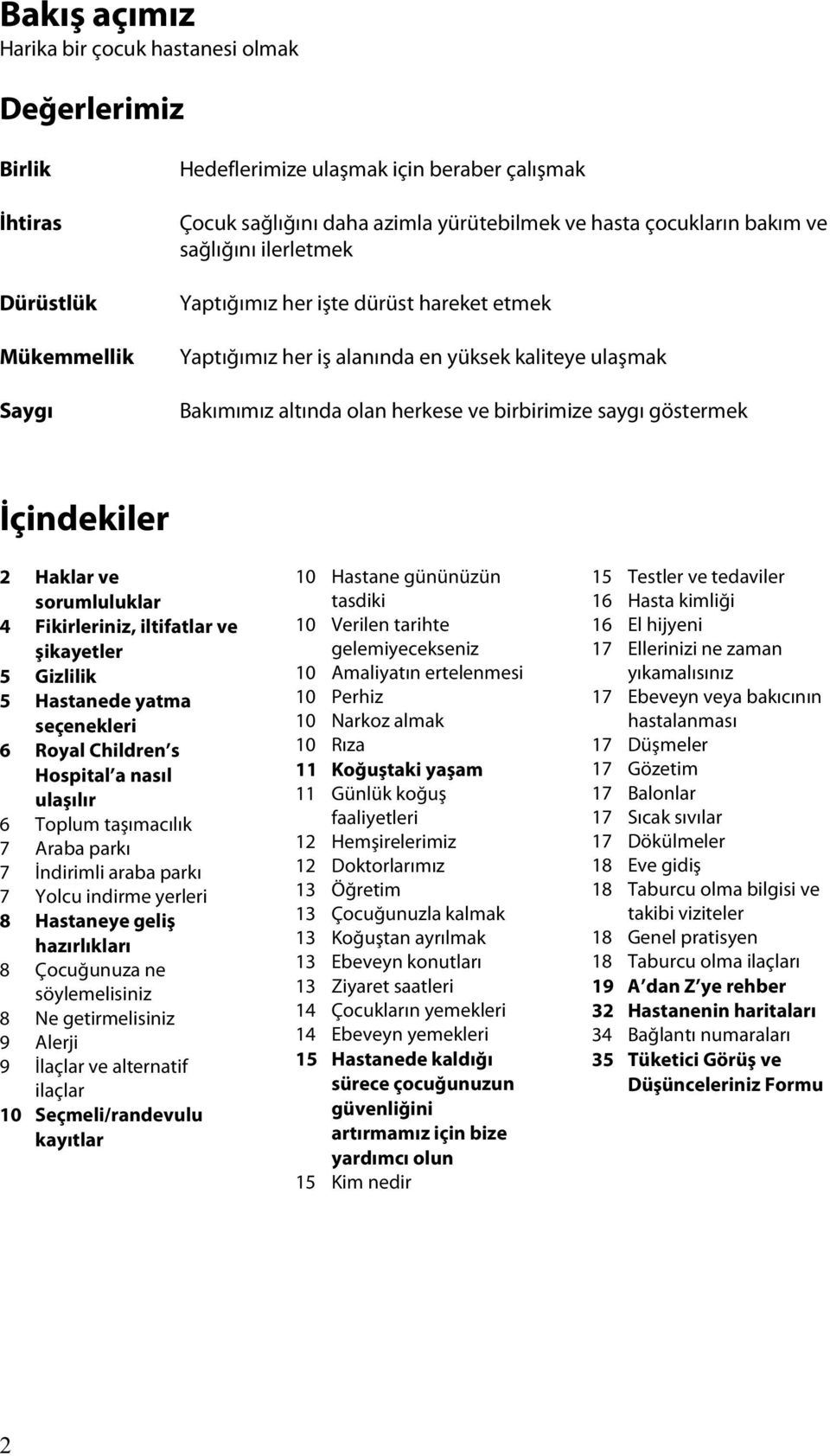 İçindekiler 2 Haklar ve sorumluluklar 4 Fikirleriniz, iltifatlar ve şikayetler 5 Gizlilik 5 Hastanede yatma seçenekleri 6 Royal Children s Hospital a nasıl ulaşılır 6 Toplum taşımacılık 7 Araba parkı