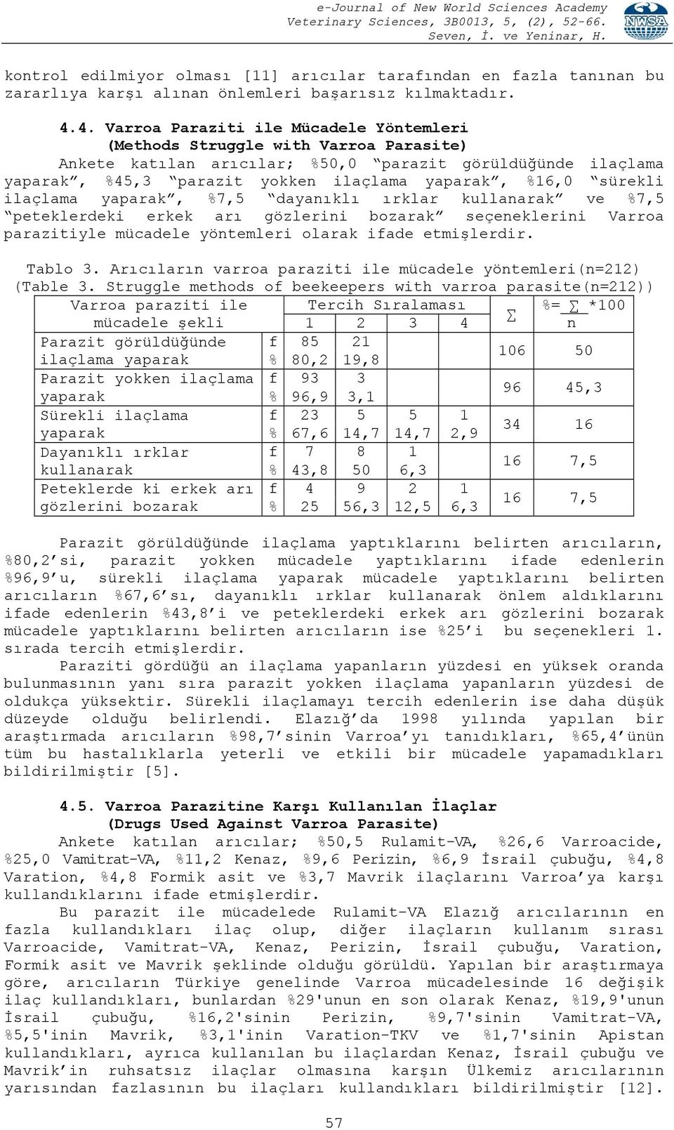 sürekli ilaçlama yaparak, %7,5 dayaıklı ırklar kullaarak ve %7,5 peteklerdeki erkek arı gözlerii bozarak seçeeklerii Varroa parazitiyle mücadele yötemleri olarak ifade etmişlerdir. Tablo 3.