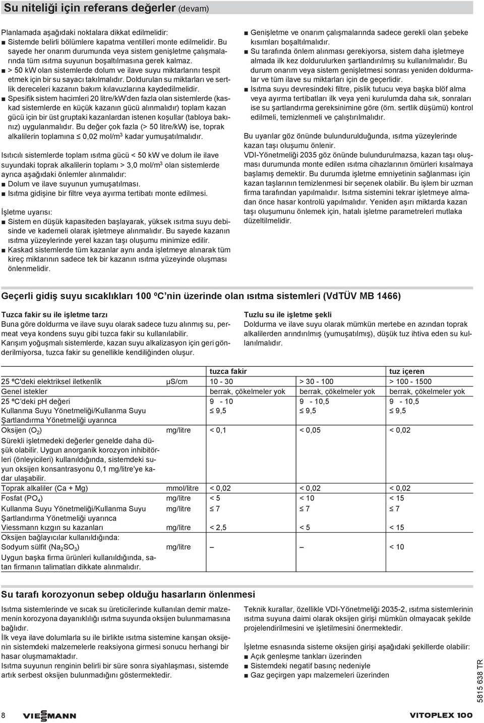 > 50 kw olan sistemlerde dolum ila suyu miktarlarını tespit etmek için bir su sayacı takılmalıdır. Doldurulan su miktarları sertlik dereceleri kazanın bakım kılavuzlarına kaydedilmelidir.