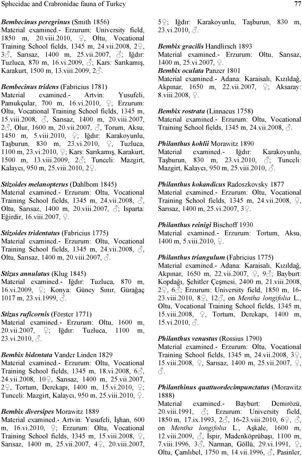 viii.2007, 2, Olur, 1600 m, 20.vii.2007,, Torum, Aksu, 1450 m, 5.viii.2010, ; Iğdır: Karakoyunlu, Taşburun, 830 m, 23.vi.2010,, Tuzluca, 1100 m, 23.vi.2010, ; Kars: Sarıkamış, Karakurt, 1500 m, 13.