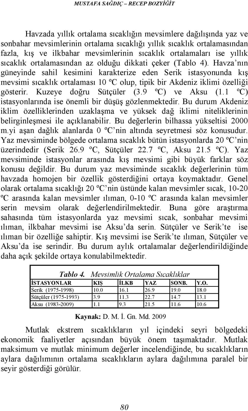 Havza nın güneyinde sahil kesimini karakterize eden Serik istasyonunda kış mevsimi sıcaklık ortalaması 10 ºC olup, tipik bir Akdeniz iklimi özelliği gösterir. Kuzeye doğru Sütçüler (3.